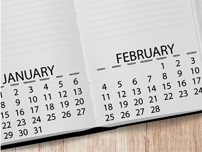Calendar showing January and February months