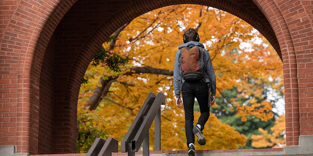 Student walking up campus steps with autumn leaves