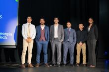 The 2023 3MT Winners (in order from left to right): Pranav Premdas, Electrical and Computer Engineering, M.S. Winner; Sravan Jayanthi, Computer Science, M.S. Winner; Asim Gazi, Electrical and Computer Engineering, Ph.D. Runner Up; Nikhil Iyengar, Aerospace Engineering, Ph.D. Runner Up; Shaylyn Grier, Biomedical Engineering, Ph.D. People's Choice Award recipient